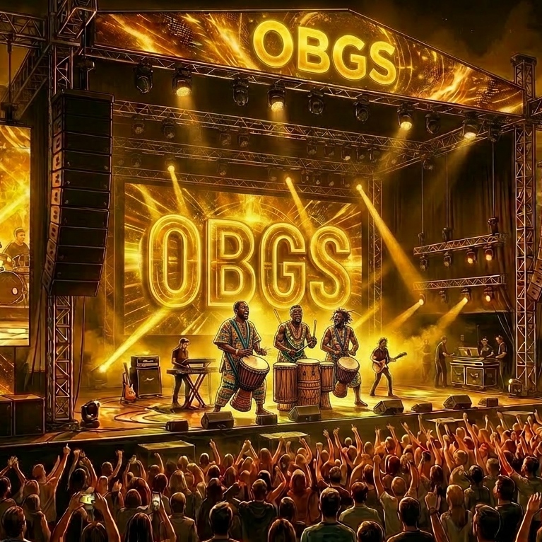 Concert stage with band performing, colorful lights, and an enthusiastic crowd.