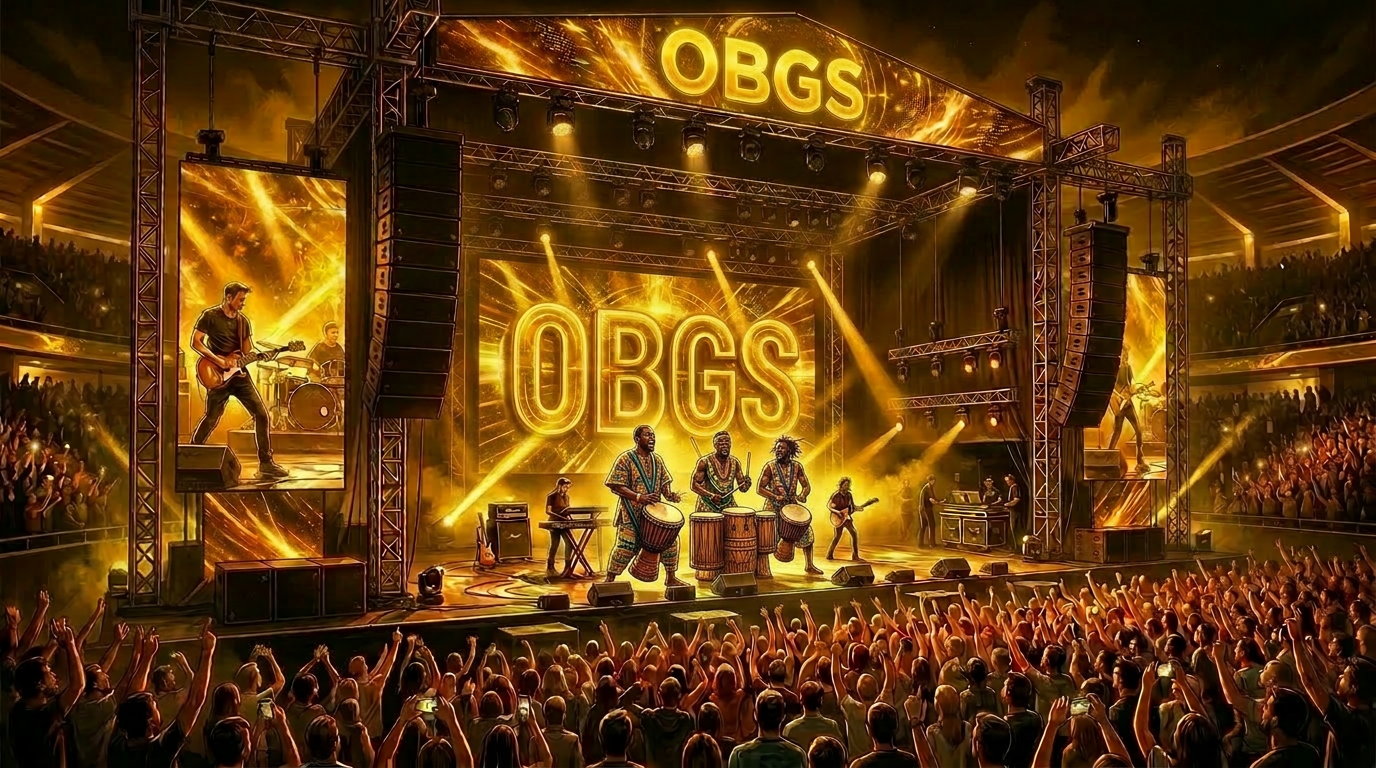Concert stage with band performing, colorful lights, and an enthusiastic crowd.