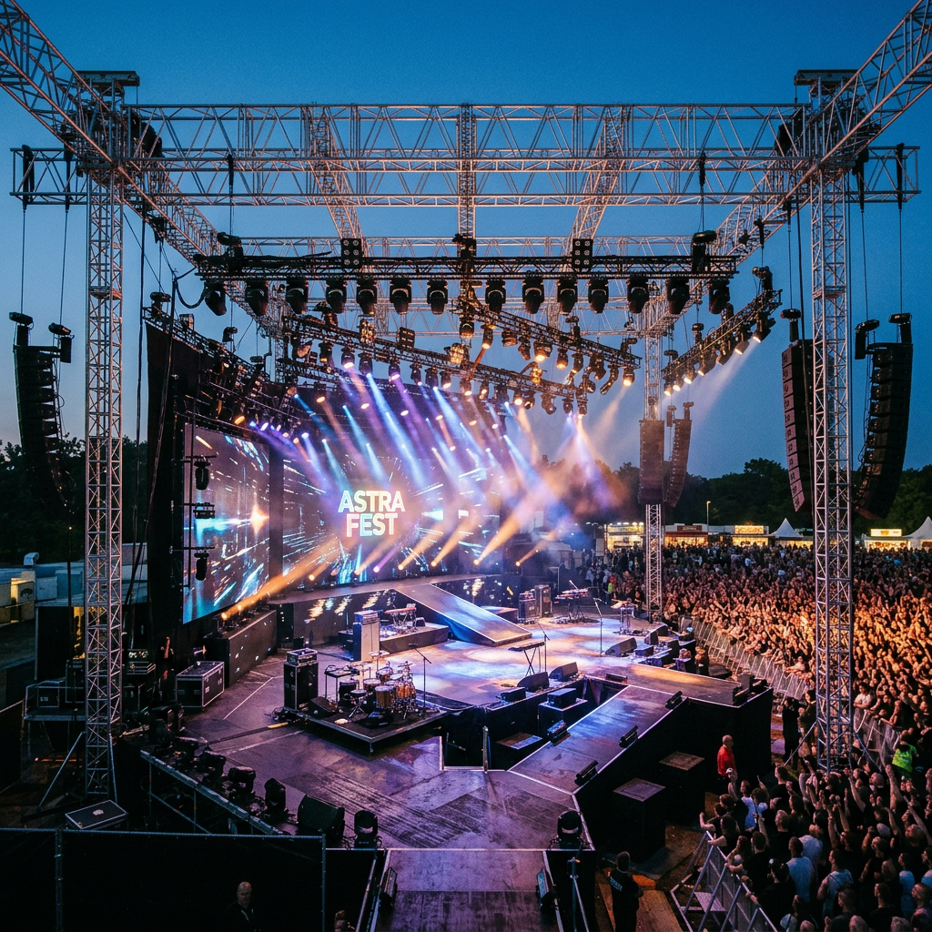 Outdoor concert stage at Astra Fest with colorful lights and large audience